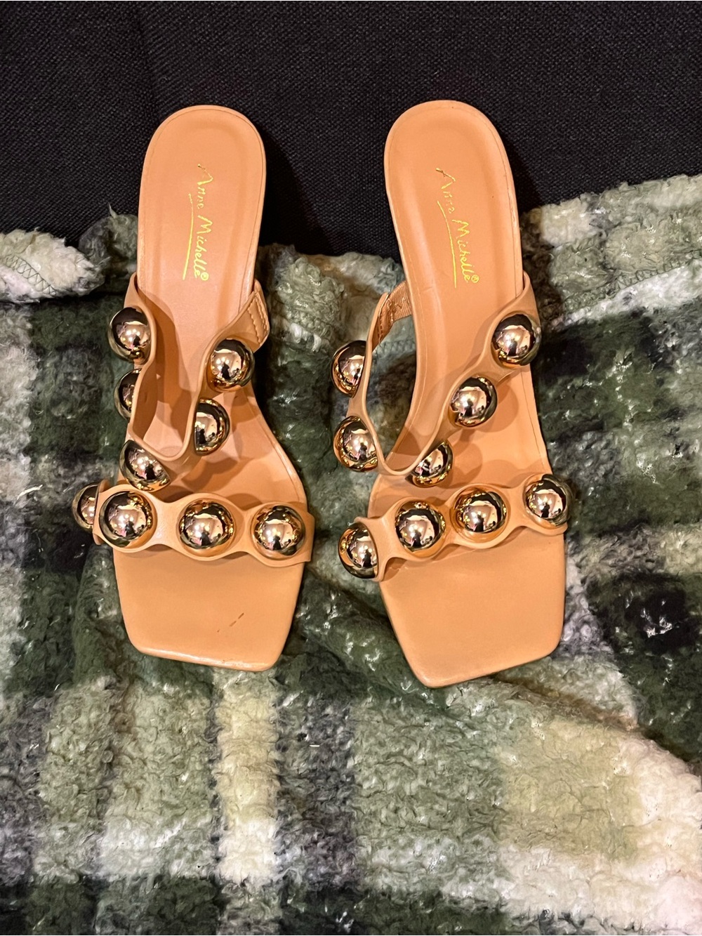 Tan Slide Sandals with Gold Orbs